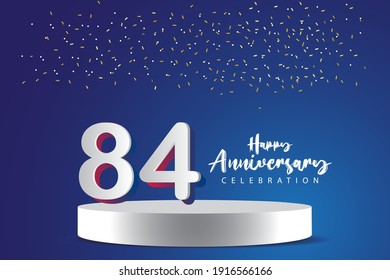 Illustration zum Design von Vektorvorlagen für 84 Jahre. Blaue 3D-Zahlen mit Podium-Bühne zum Feiern