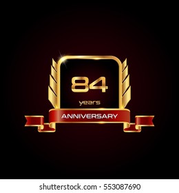 84 years gold anniversary celebration square logo with red ribbon  , isolated on dark background