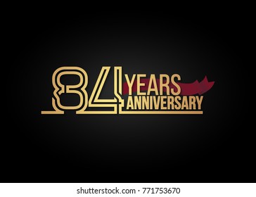 84 Years gold Anniversary celebration logotype using multi linear number with red ribbon isolated on black background.