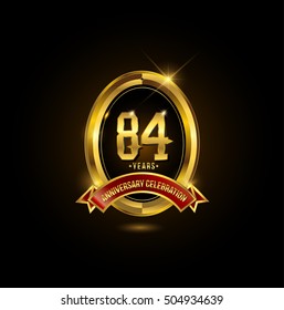 84 years golden anniversary logo with red ribbon and oval ring