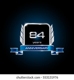 84 years silver anniversary celebration square logo with blue ribbon , isolated on dark background