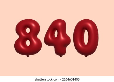 840 globo 3d número hecho de renderización 3d de globo metálico realista. Globos 3D de helio rojo para la venta decoración Fiesta Cumpleaños, Celebración de Aniversario, Fiesta de la Boda. Ilustración del vector