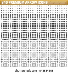 840 arrow vector icons in black color simple style. Big arrow set isolated illustration for web, app and digital design