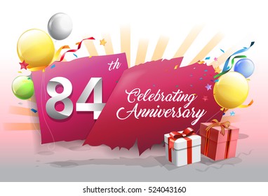 84th anniversary celebration with colorful confetti and balloon on red background with shiny elements. design template for your birthday party.