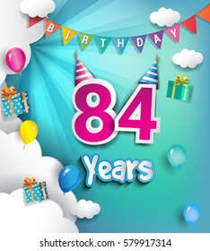 84th Anniversary Celebration Design, with clouds and balloons. using Paper Art Design Style, Vector template elements for your, eighty four years birthday celebration party.
