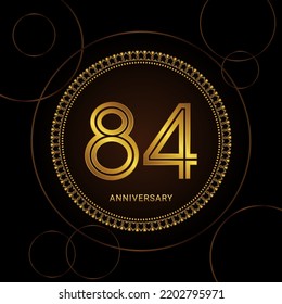 84th Anniversary Celebration with golden text and ring, Golden anniversary vector template