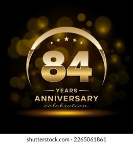 84th Anniversary Celebration. Logo design with golden ring and text for anniversary celebration event, invitation, wedding, greeting card, banner, poster, flyer, brochure. Logo Vector Template