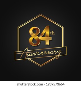 84th Anniversary Celebration. Anniversary logo with hexagon and elegance golden color isolated on black background, vector design for celebration, invitation card, and greeting card