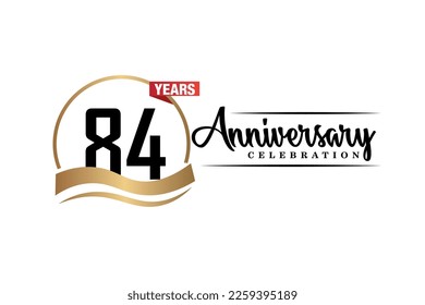 84th anniversary celebration logo vector design with gold black and red color on white background cute black color font   