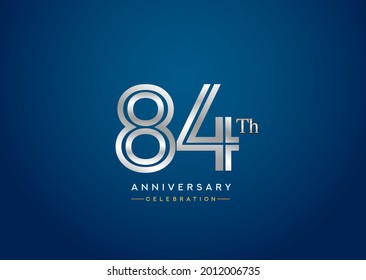 Logotipo de celebración del 84º aniversario con número vinculado color plata aislado en color azul. aniversario vectorial para celebración, tarjeta de invitación y tarjeta de saludo