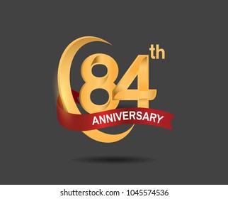 84th anniversary design logotype golden color with ring and red ribbon for celebration