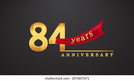 84th anniversary design logotype golden color with red ribbon for anniversary celebration