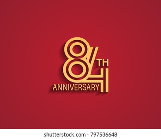 84th anniversary design logotype with line style golden color for celebration event isolated on red background