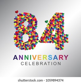 84th anniversary design logotype paper hearts multi-color for celebration.