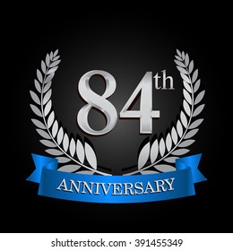 84th anniversary logo with blue ribbon and laurel wreath, vector template for birthday celebration.