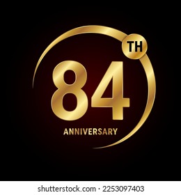 84º aniversario. Concepto de diseño del logo del aniversario con anillo de oro para celebración del aniversario, tarjeta de invitación, tarjeta de saludo, banner, afiche, volante, portada del libro. Plantilla de vectores de logotipos