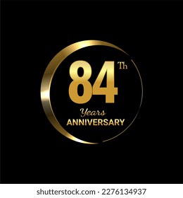 84th Anniversary logo design with golden number and text for anniversary celebration event, invitation, wedding, greeting card, banner, poster, flyer, brochure, book cover. Logo Vector Template.