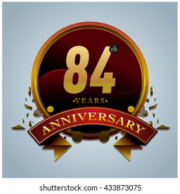 84th anniversary logo with gold circle badge. Anniversary signs illustration. Vibrant colors anniversary logo with geometric shape and circle gold ring