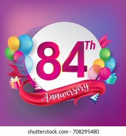 84th Anniversary logo with ribbon, balloon, and gift box isolated on circle object and colorful background