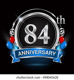 84th anniversary logo with silver ring,balloons and blue ribbon. Vector design template elements for your birthday celebration.