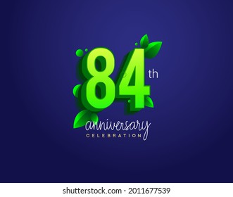 Logotipo de 84º aniversario con color de hoja y verde, aislado en fondo azul.