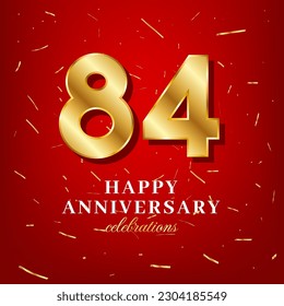 Plantilla vectorial de 84 años con un número dorado y confetti dorado esparcidos en un fondo rojo