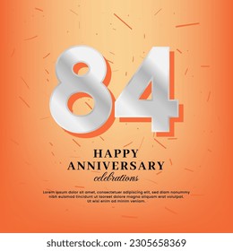 plantilla vectorial de 84 años con un número blanco y un confetti esparcidos en un fondo naranja
