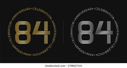84th birthday. Eighty-four years anniversary celebration banner in golden and silver colors. Circular logo with original numbers design in elegant lines.