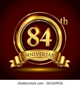 84th golden anniversary logo, eighty four years birthday celebration with gold ring and golden ribbon.