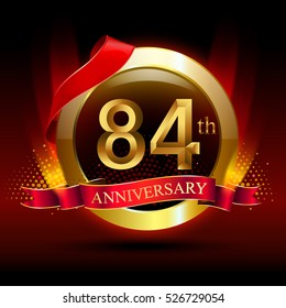 84th golden anniversary logo with ring and red ribbon. Vector design template elements for your birthday celebration.