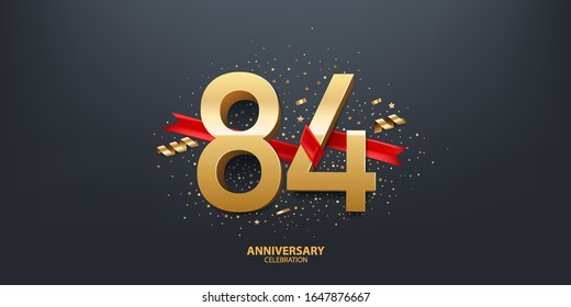84th Year anniversary celebration background. 3D Golden number wrapped with red ribbon and confetti on black background.
