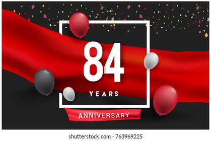 84th years Anniversary celebration logo, isolated on red ribbon and balloon, vector elements for banner, invitation card and birthday party.