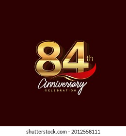 84th years anniversary celebration logotype. Anniversary logo with red feather and golden color isolated on elegant background, vector design for celebration, invitation card, and greeting card