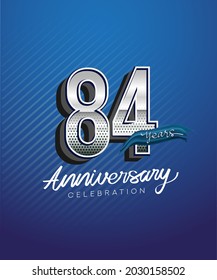 84th years anniversary celebration logotype with silver color and blue ribbon isolated on blue background