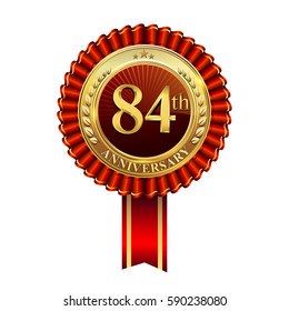 84th years anniversary golden badge with red ribbons, laurel wreath isolated on white background, vector design for greeting card, banner and invitation card.