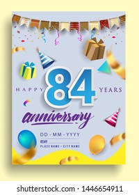 84th Years Anniversary invitation Design, with gift box and balloons, ribbon, Colorful Vector template elements for birthday celebration party.