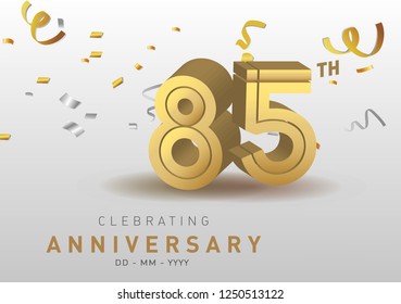 85 Anniversary gold numbers with golden confetti. Celebration 85th anniversary event party template.