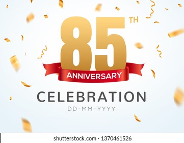 85 Anniversary gold numbers with golden confetti. Celebration 85th anniversary event party template.
