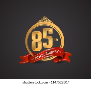 85 anniversary logotype style design luxury  golden color and ornament with warp red ribbon for company celebration event