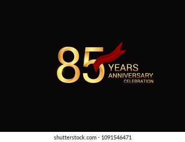 85 anniversary vector design golden colored with red ribbon isolated on black background