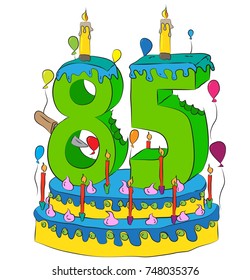 85 Birthday Cake With Number Eighty Five Candle, Celebrating Eighty-Fifth Year of Life, Colorful Balloons and Chocolate Frosting