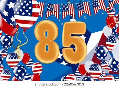 85 birthday Happy birthday, congratulations poster. Balloons numbers with sparkling confetti ribbon, glitter bright