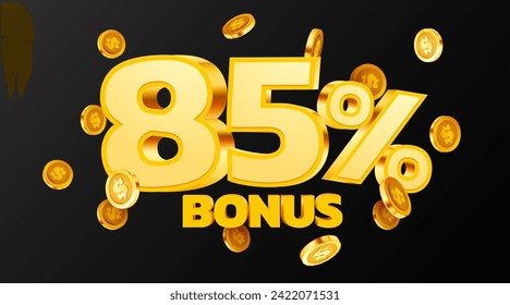 85% bonus. Falling golden coins. Cashback or prize concept. Vector illustration svg
