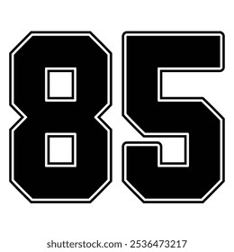 85 Clássico Vintage Sport Jersey Números uniformes em preto com um número de linha de contorno externo preto em fundo branco para futebol americano, beisebol e basquete ou futebol