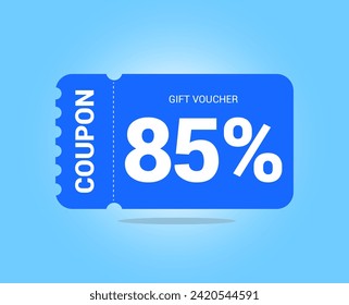 85% coupon promotion sale. Eighty five percent Vector Gift Voucher. Blue discount, lucky ticket, special offer promo. Web, shopping label, percent sign. Special price offers.