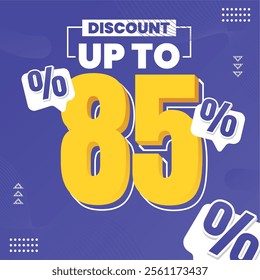 85% Discount Design with Bold Yellow Typography, Playful Percent Signs, and Modern Abstract Patterns. Perfect for grabbing attention and boosting engagement!