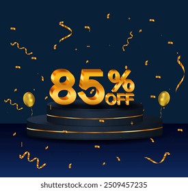 85% discount. Discount on creative composition. 3D sale symbol with decorative objects, golden confetti, podium. 85 percent. Sale banner and poster. Vector illustration.