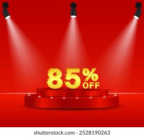 85% discount on gold. 3D golden numbers. Podium with red background and reflective lights..