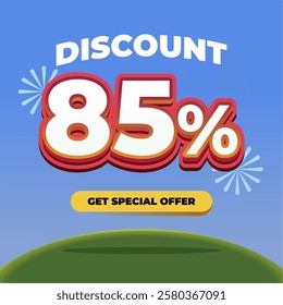 85% Discount Promotional Banner with 3D Text, Fireworks, Blue Gradient Background, and a Special Offer Button on a Green Hill with Eye catching Sale Advertisement Design