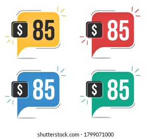 $85 dollar price. Yellow, red, blue and green currency tags. Balloon concept with eighty-five dollars sales tag. svg
